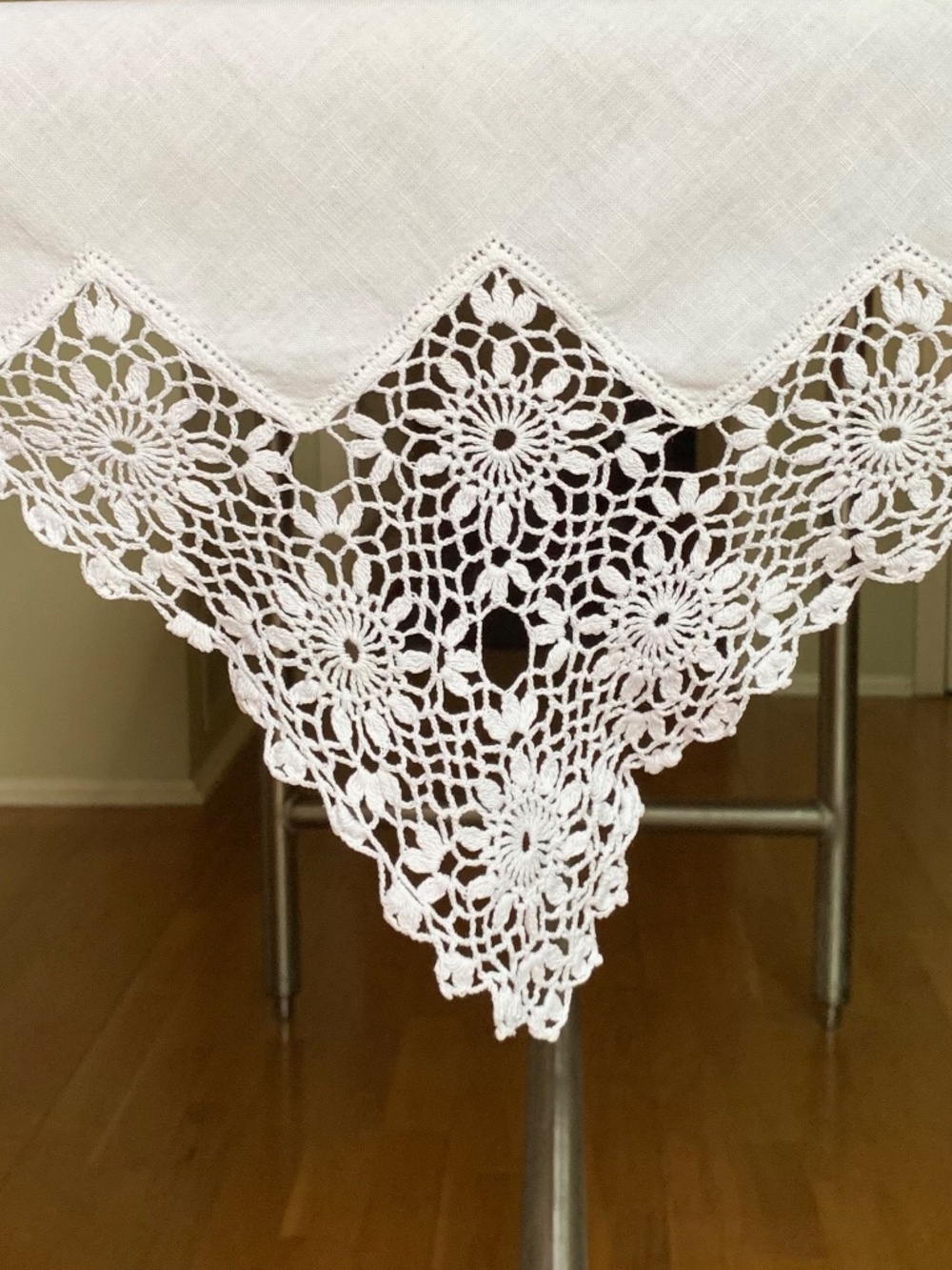 Crochet & Linen Tablecloth | 36” Square | Cottagecore Lace | Vintage